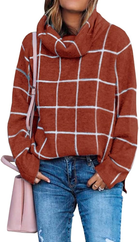 KIRUNDO 2021 Winter Women’s Turtleneck Knit Sweater Long Sleeves Pullover Plaid Side Split Chec... | Amazon (US)