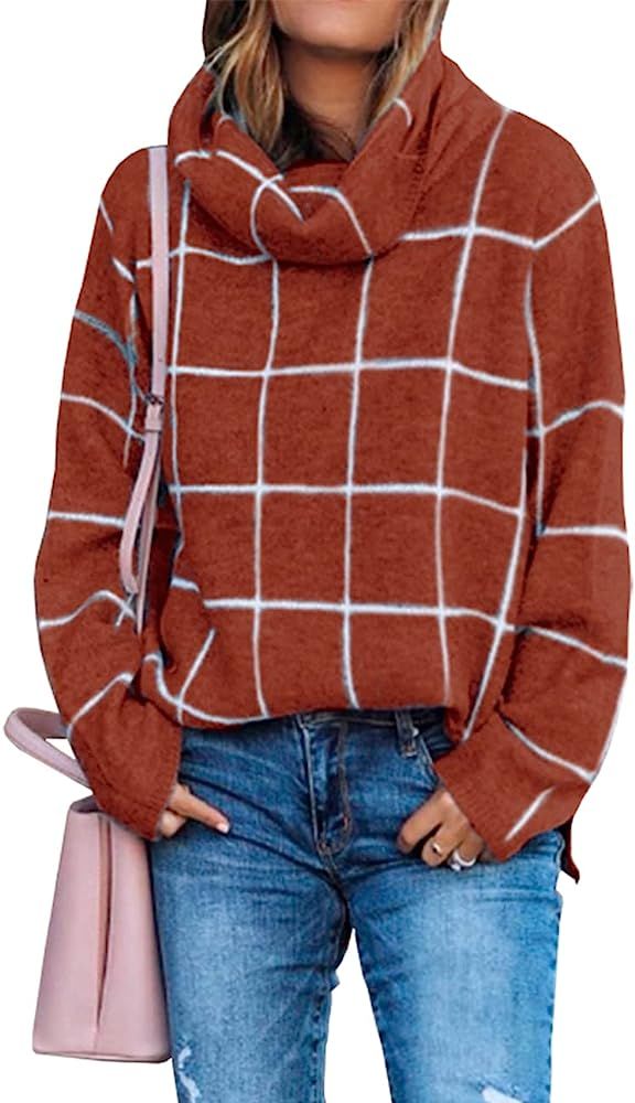 KIRUNDO 2021 Winter Women’s Turtleneck Knit Sweater Long Sleeves Pullover Plaid Side Split Chec... | Amazon (US)