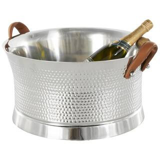 Silver Stainless Steel Metal Hammered Ice Bucket with Brown Leather Handles | The Home Depot