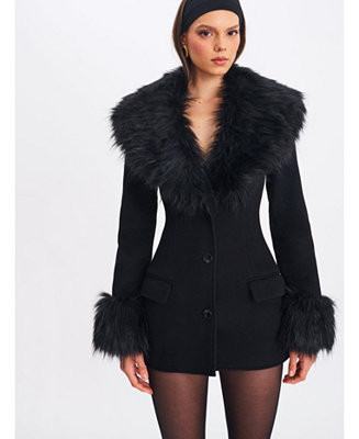 Women Hailee Black Single Breasted Wool Blend Mini Coat with Removable Fur Lapel | Macy's