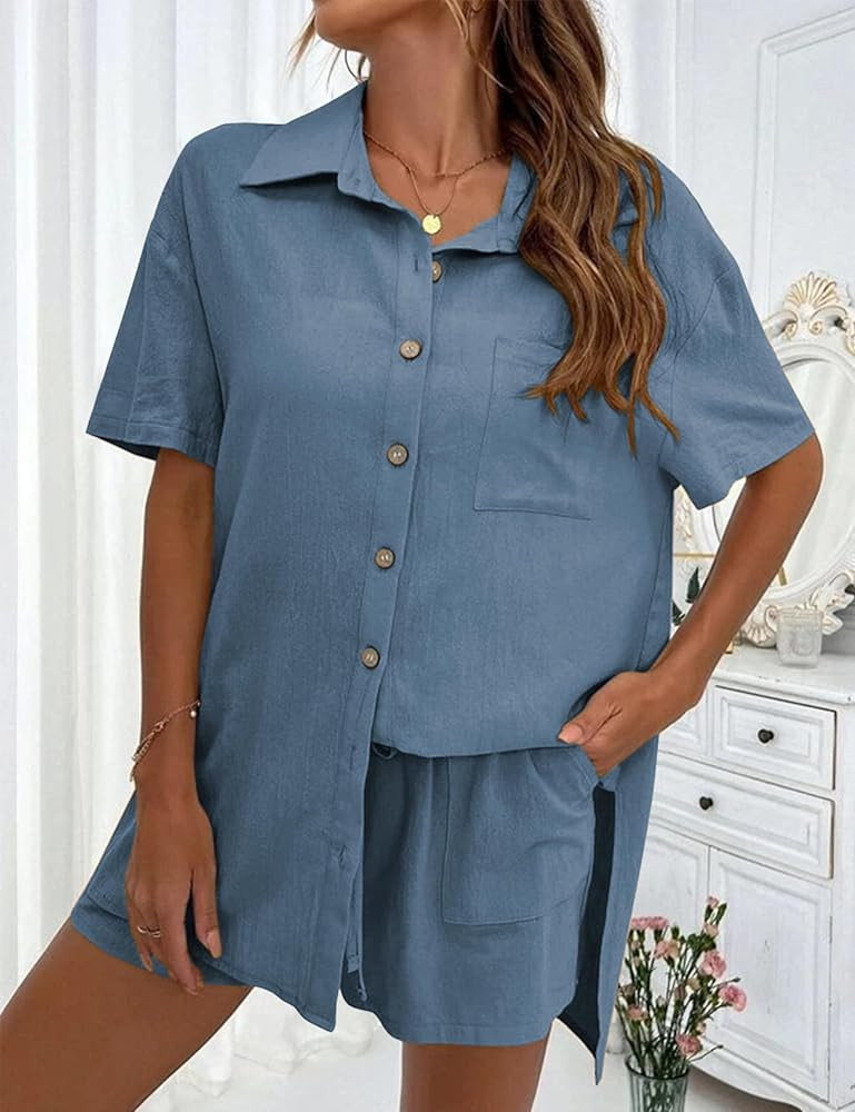 Women Summer Cotton Linen Short Sets 2 Piece Shorts Top Lounge Beach Vacation Two Piece Outfits T... | Amazon (US)