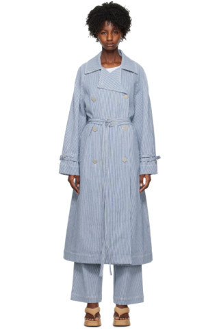 REMAIN Birger Christensen - Blue Striped Trench Coat | SSENSE