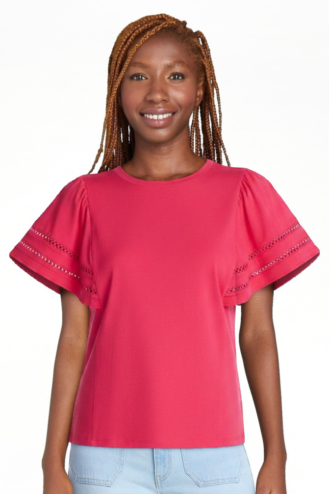 Time and Tru Women’s Crewneck Top with Lace Inset Flounce Sleeves, Sizes XS-XXXL | Walmart (US)