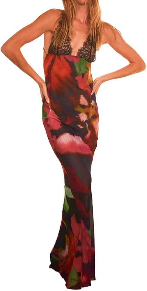 Vintage Dress for Women Floral Long Dress Sexy Backless Spaghetti Strap Bodycon Maxi Dress Going ... | Amazon (US)