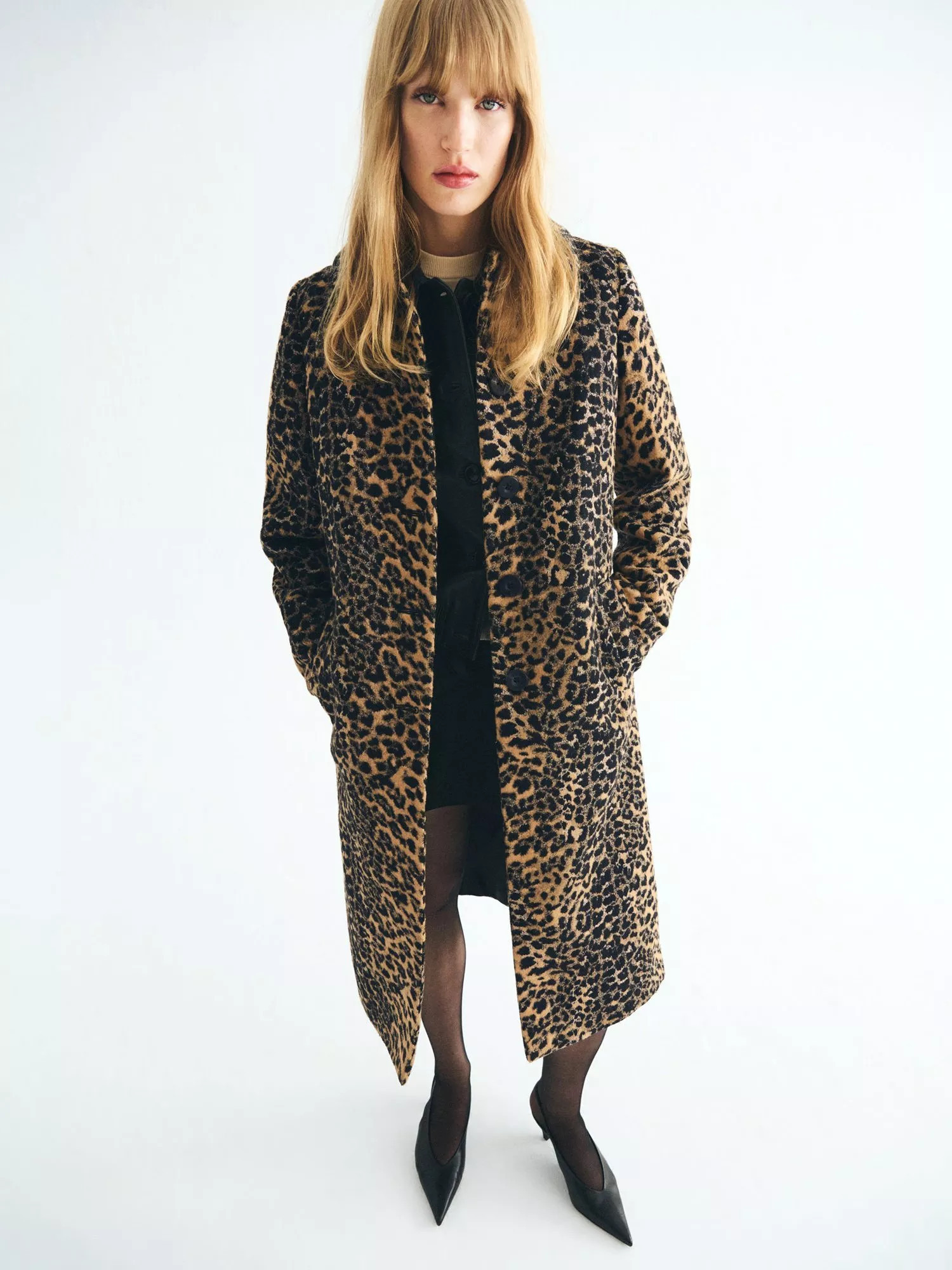 Mango Risso Leopard Print Long Coat, Medium Brown | John Lewis (UK)