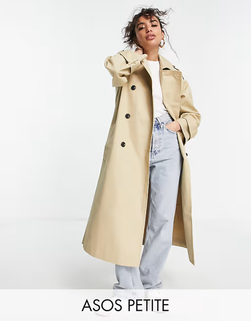 ASOS DESIGN Petite longline trench coat in stone | ASOS (Global)