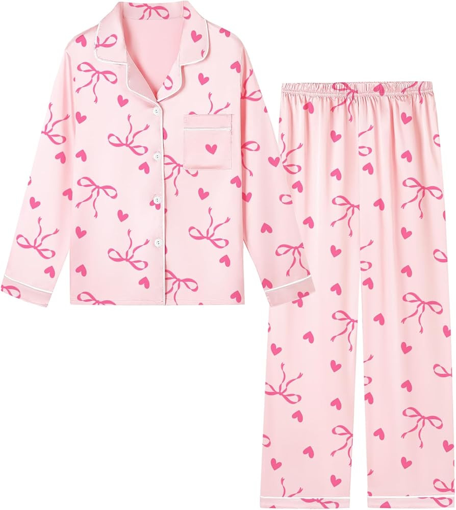 Schbbbta Girls & Women Pajamas Set, 2 Piece Satin Silky Pjs Button-Down Kids Sleepwear, 3 Years -... | Amazon (US)