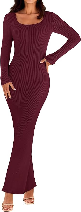 MEROKEETY Women's 2024 Fall Long Sleeve Square Neck Bodycon Maxi Dresses Ribbed Knit Long Sweater... | Amazon (US)