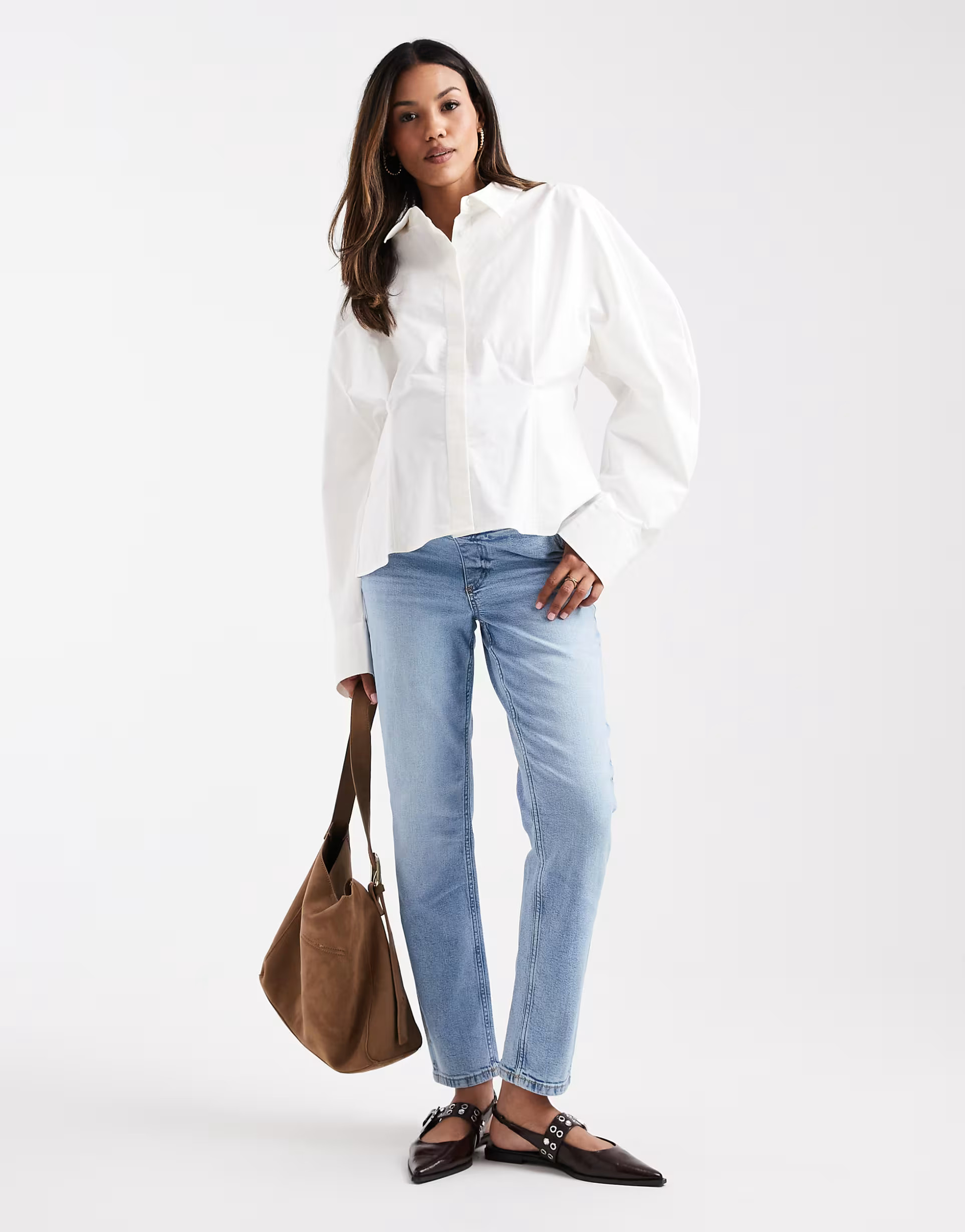 ASOS DESIGN Maternity slim fit comfort mom jeans in mid blue | ASOS (Global)