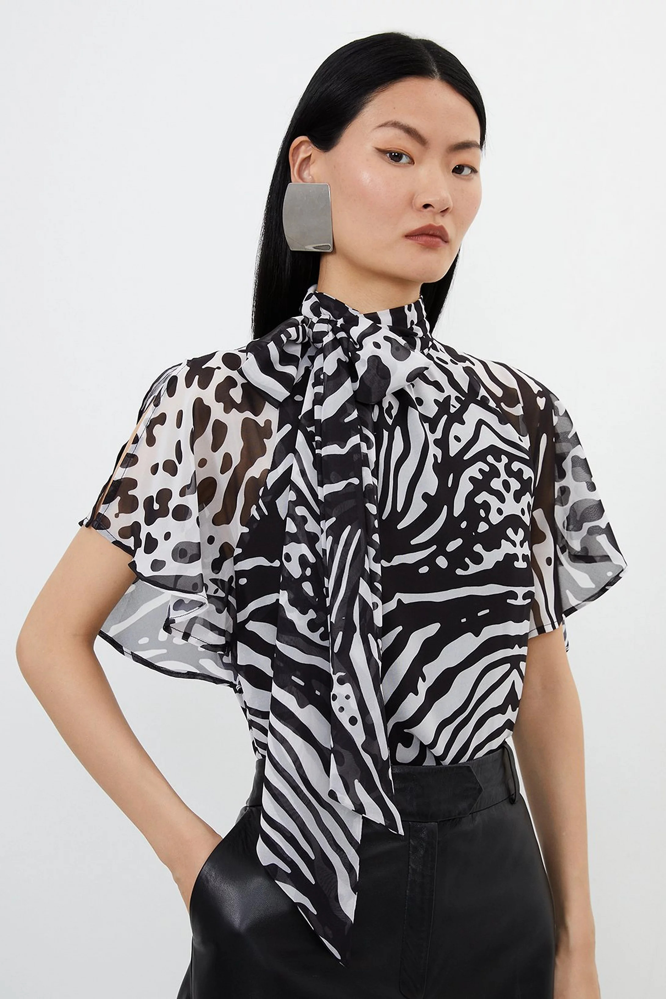Animal Print Georgette Woven Tie Neck Top | Karen Millen UK + IE + DE + NL