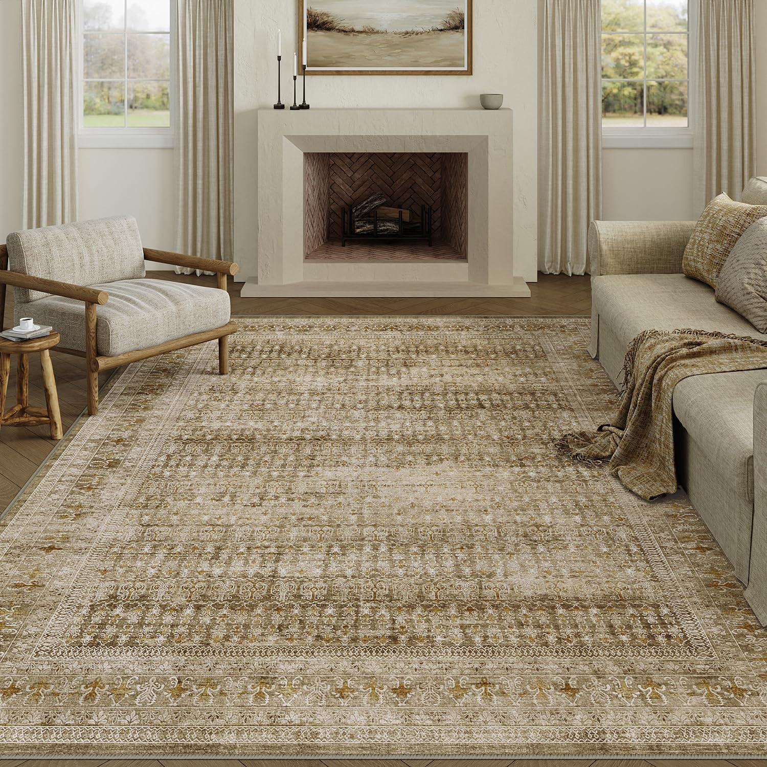 Brown 8x10 Area Rug for Living Room Washable Vintage Distressed Large Carpet Bedroom Low Pile Non... | Amazon (US)