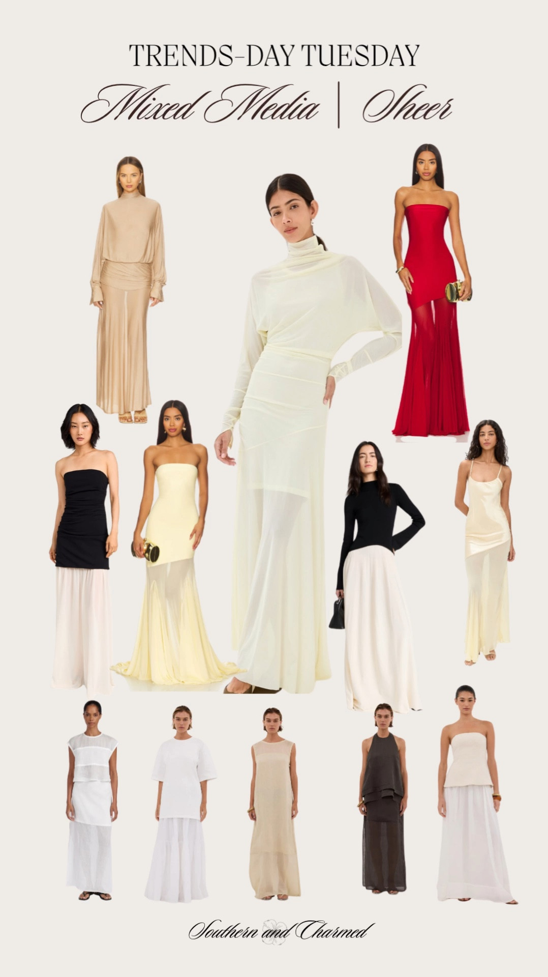 This is another trend that’s been inspired by Brandon Maxwell’s Fall 2024 that debuted February 2024 and is going strong! There are many ways to achieve the mixed-media look (a dress with a combination of fabrics in the same shade or print and different fabrications/textures). One popular way to do this is with a layer of sheer mixed with an opaque layer. We love to see it and it’s easy to be dressed up or down! You’ll see here as casual, long sleeve winter dresses, floor length dresses and gowns and even perfect for a late winter/early spring wedding guest dress option! 