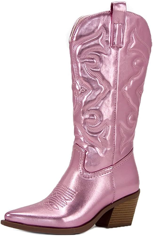Mattiventon Cowgirl Mid Calf Boots for Women Western Cowboy Pointed Toe Tabs Boots with Zipper | Amazon (US)