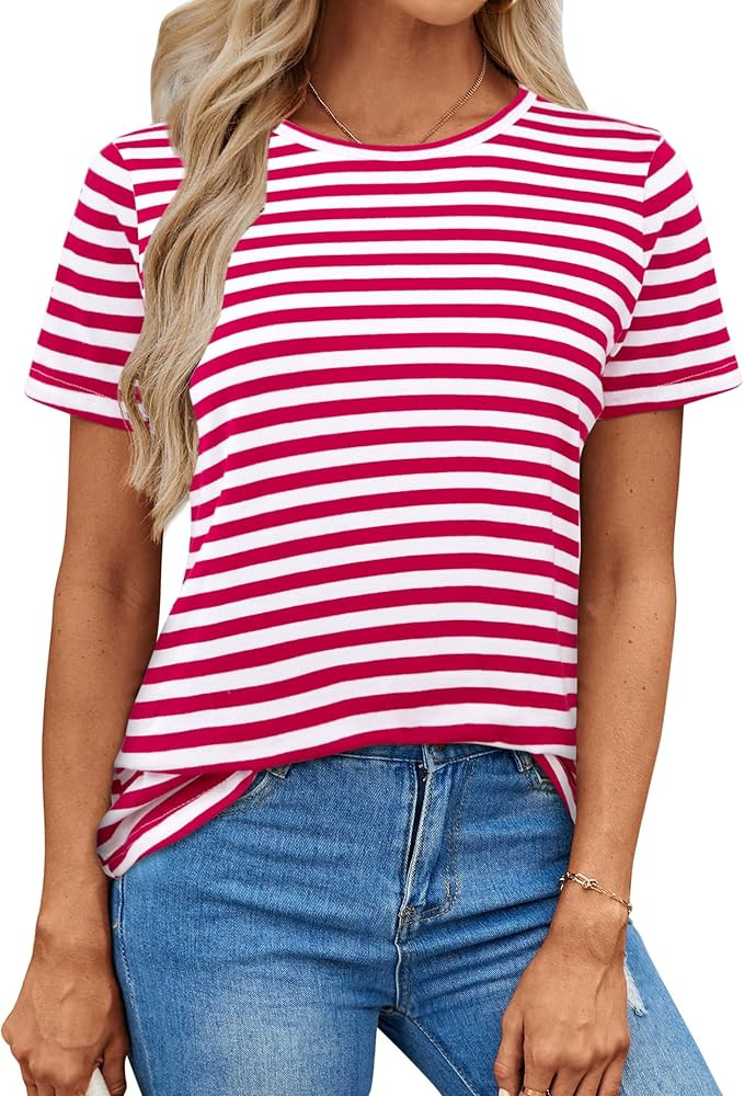 LilyCoco Women's Short Sleeve Striped Shirt Summer Crewneck T Shirt Basic Tops | Amazon (US)