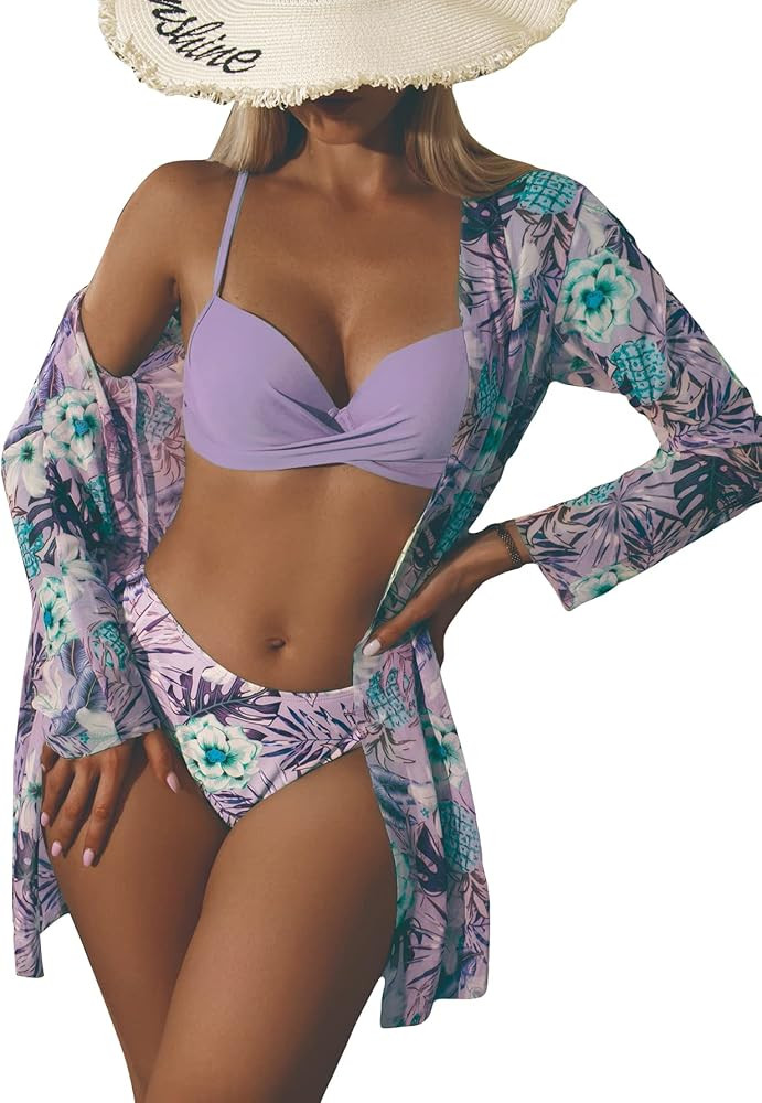 MakeMeChic Women's 3 Piece Bathing Suit Tropical Push Up Bikini Swimsuit with Kimono Cover Up | Amazon (US)