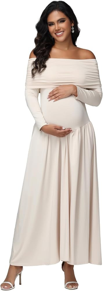 JustVH Maternity Long Sleeve Off Shoulder Baby Shower Dress Party Mesh Paneled Split Maxi Photogr... | Amazon (US)