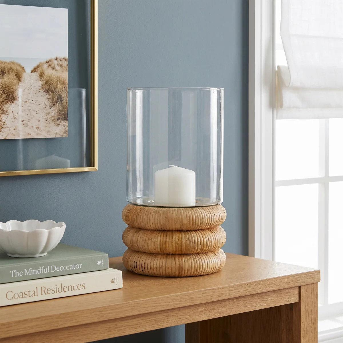 Delevan Cole And Grey Glass Round Hurricane Lamp With Light Brown Woven Base | Wayfair North America