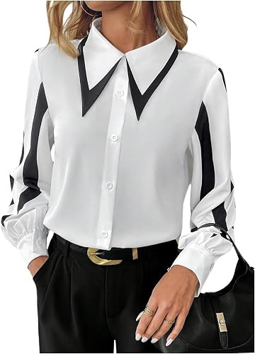 SweatyRocks Women's Long Sleeve Button Down Polyester Shirts Colorblock Work Top Blouse | Amazon (US)