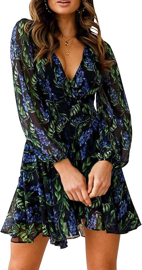Relipop Women's Chiffon Dress Floral Print Wrap V Neck Long Sleeve Irregular Layered Ruffle Hem S... | Amazon (US)