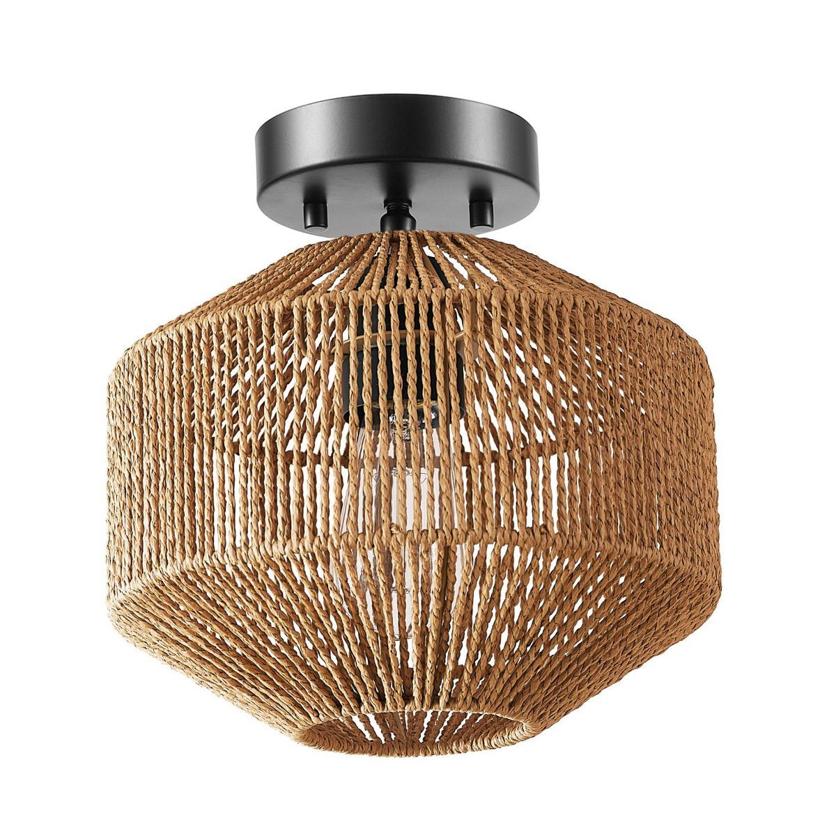 Lotus 1-Light Matte Black Flush Mount Ceiling Light with Paper Twine Shade - Globe Electric | Target