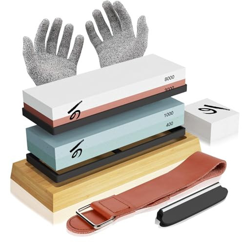 Knife Sharpening Stone Kit, KERYE Professional Japanese Whetstone Sharpener Stone Set, Premium 4 Side Grit 400/1000 3000/8000 Water Stone, Flattening Stone, Angle Guide, Leather Strop, Anti Cut Gloves | Amazon (US)