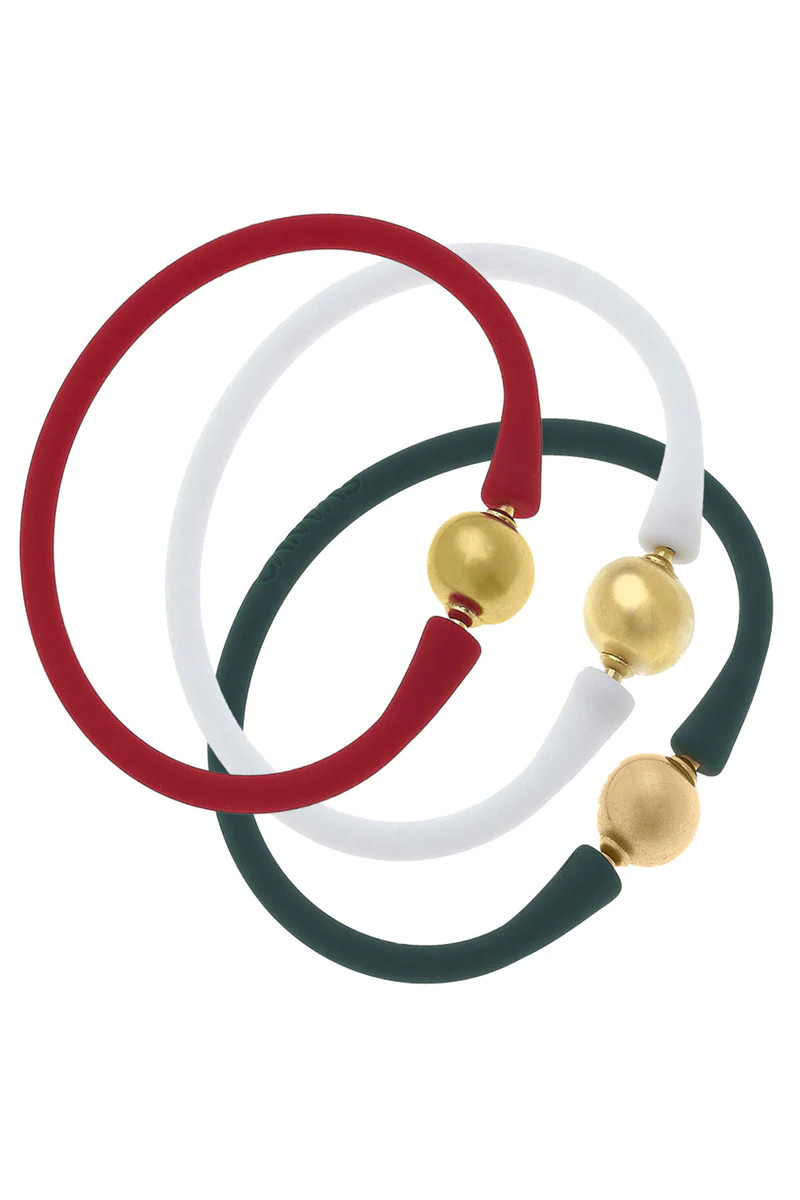 Bali 24K Gold Silicone Bracelet Holiday Stack of 3 in Red, White & Hun | CANVAS