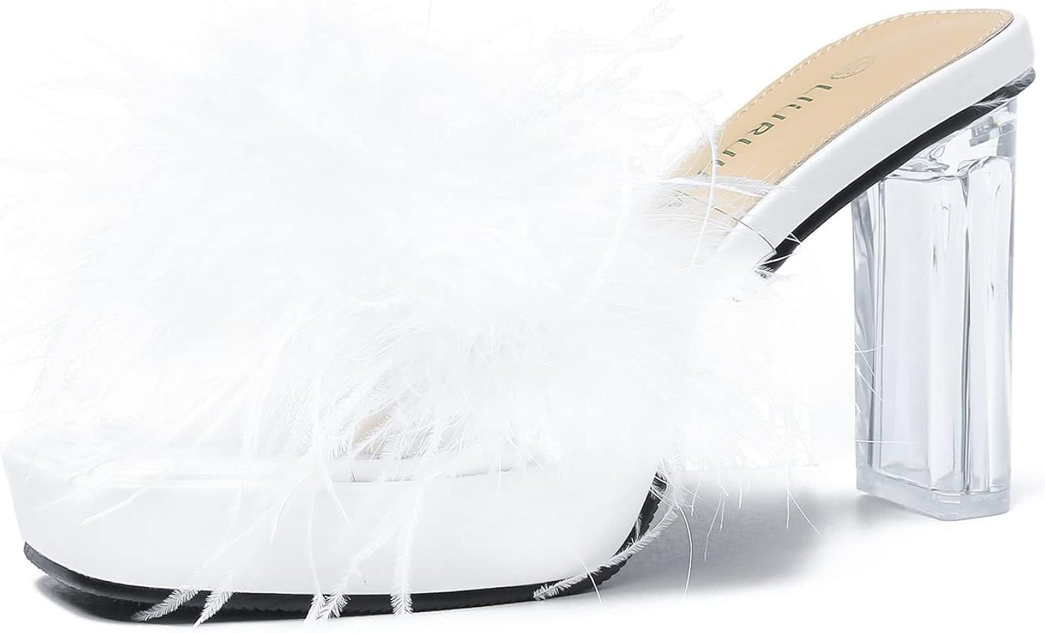 LIURUIJIA Women's Square Toe Platform Chunky Heel Slip on Sandals Feather Fuzzy Heels Mules Weddi... | Amazon (US)