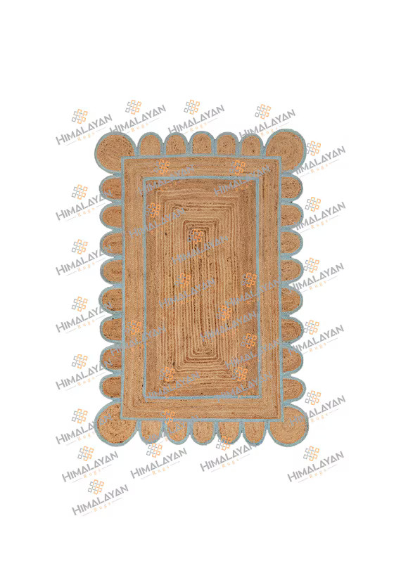 Scalloped Jute Rug, Light Blue Jute Scallop Boho Decor Handmade Rug, Customize in any Size & Shap... | Etsy (US)