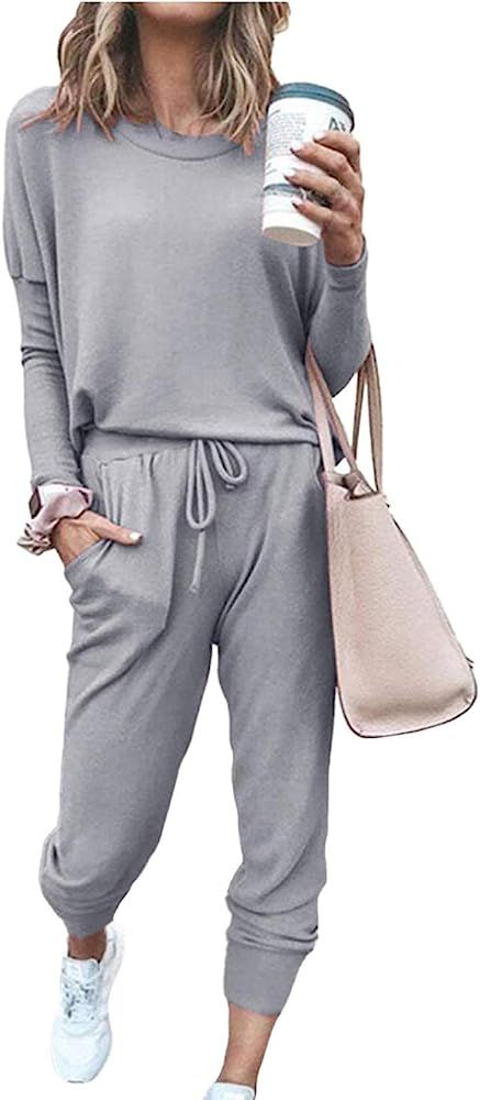 Women’s Solid Color Two Piece Outfit Long Sleeve Crewneck Pullover Tops And Long Pants Sweatsui... | Amazon (US)
