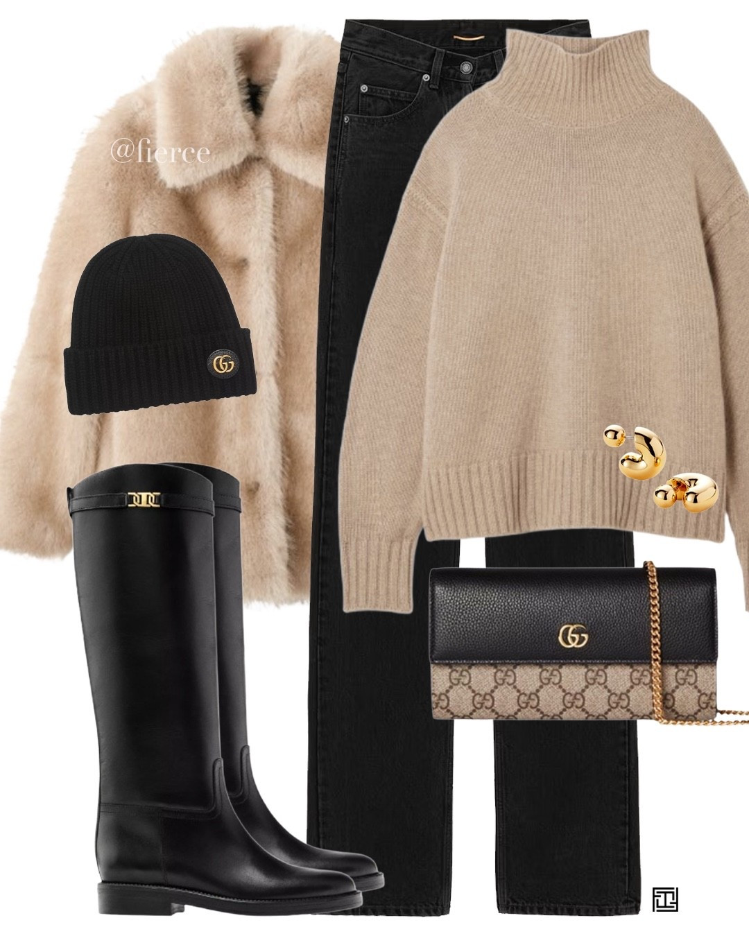 Faux fur jacket beige jumper black flat boots Gucci chain wallet vintage  black jeans chic outfit date night city break lunch date #LTKautumn

#LTKuk #LTKwinter