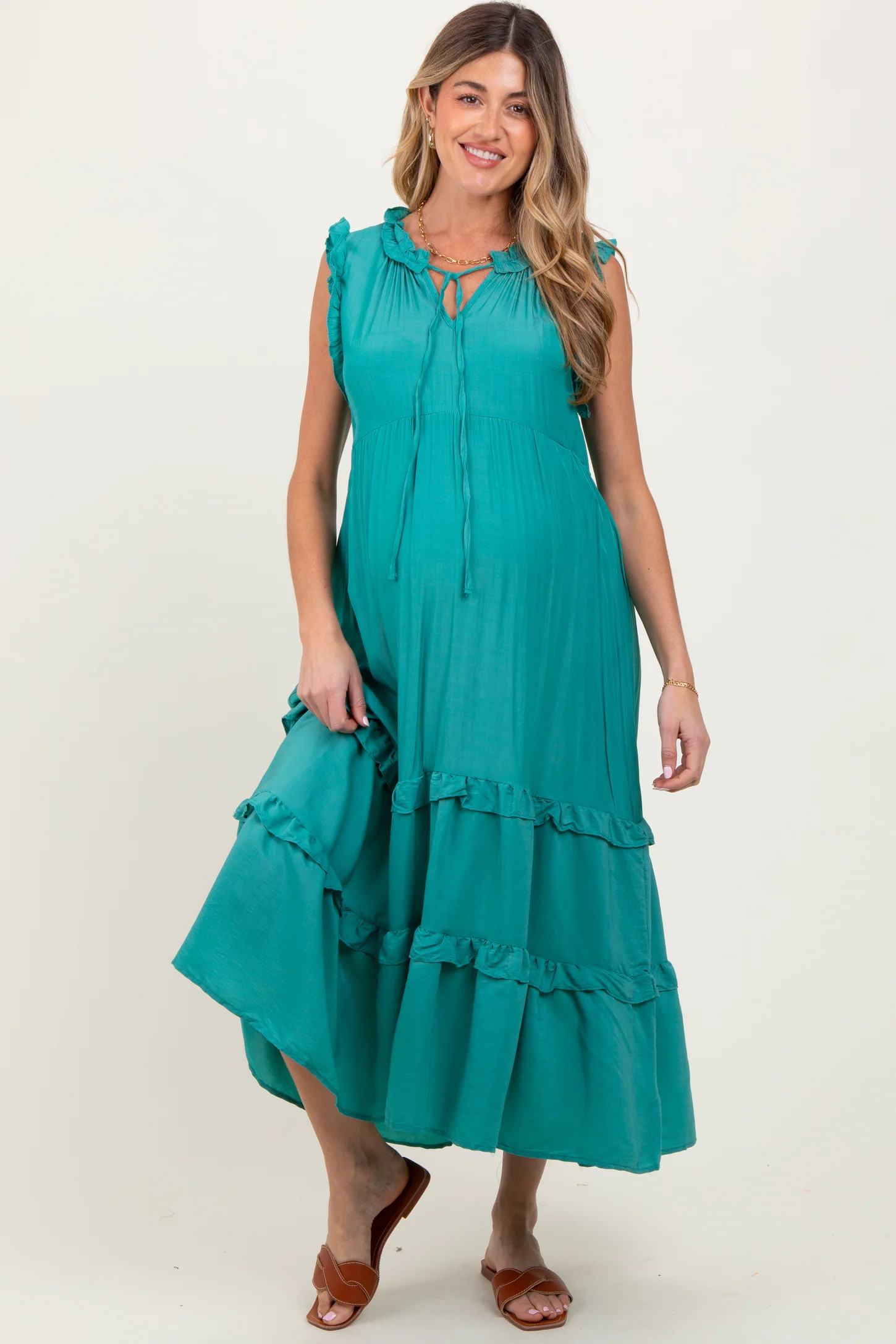 Green Ruffle Accent Tiered Front Tie Maternity Midi Dress | PinkBlush Maternity
