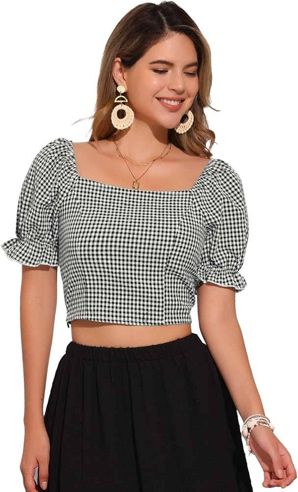 Allegra K Smocked Crop Top for Women's Bubble Sleeve Peasant Gingham Plaid Tops | Amazon (US)
