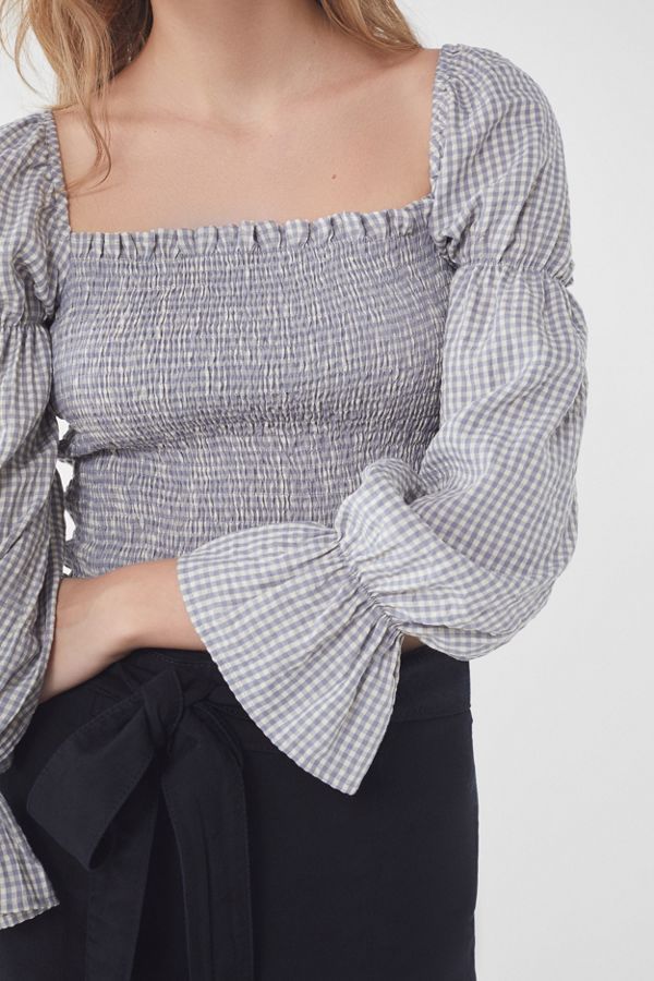 UO Gingham Cinched-Sleeve Blouse | Urban Outfitters (US and RoW)