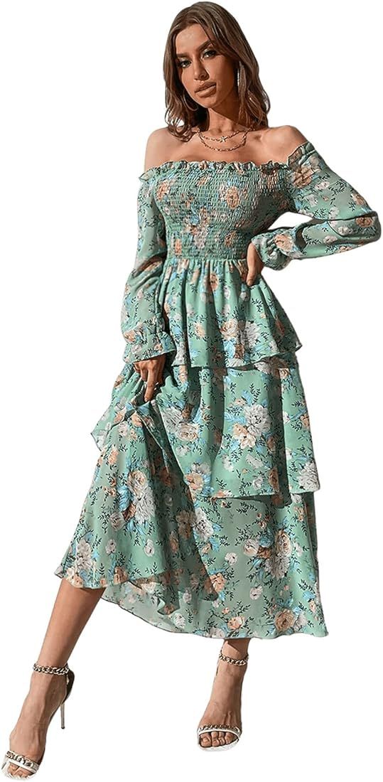 SweatyRocks Women's Off Shoulder Long Sleeve Floral Dress Layered A Line Maxi Dresses | Amazon (US)