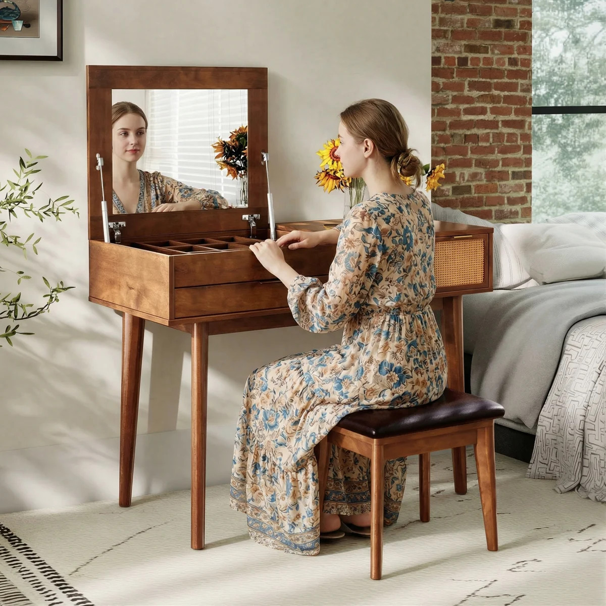 43.5"Vanity Set with Flip-top Mirror and Stool, Dressing Table with Three Drawers and storage spa... | Wayfair North America