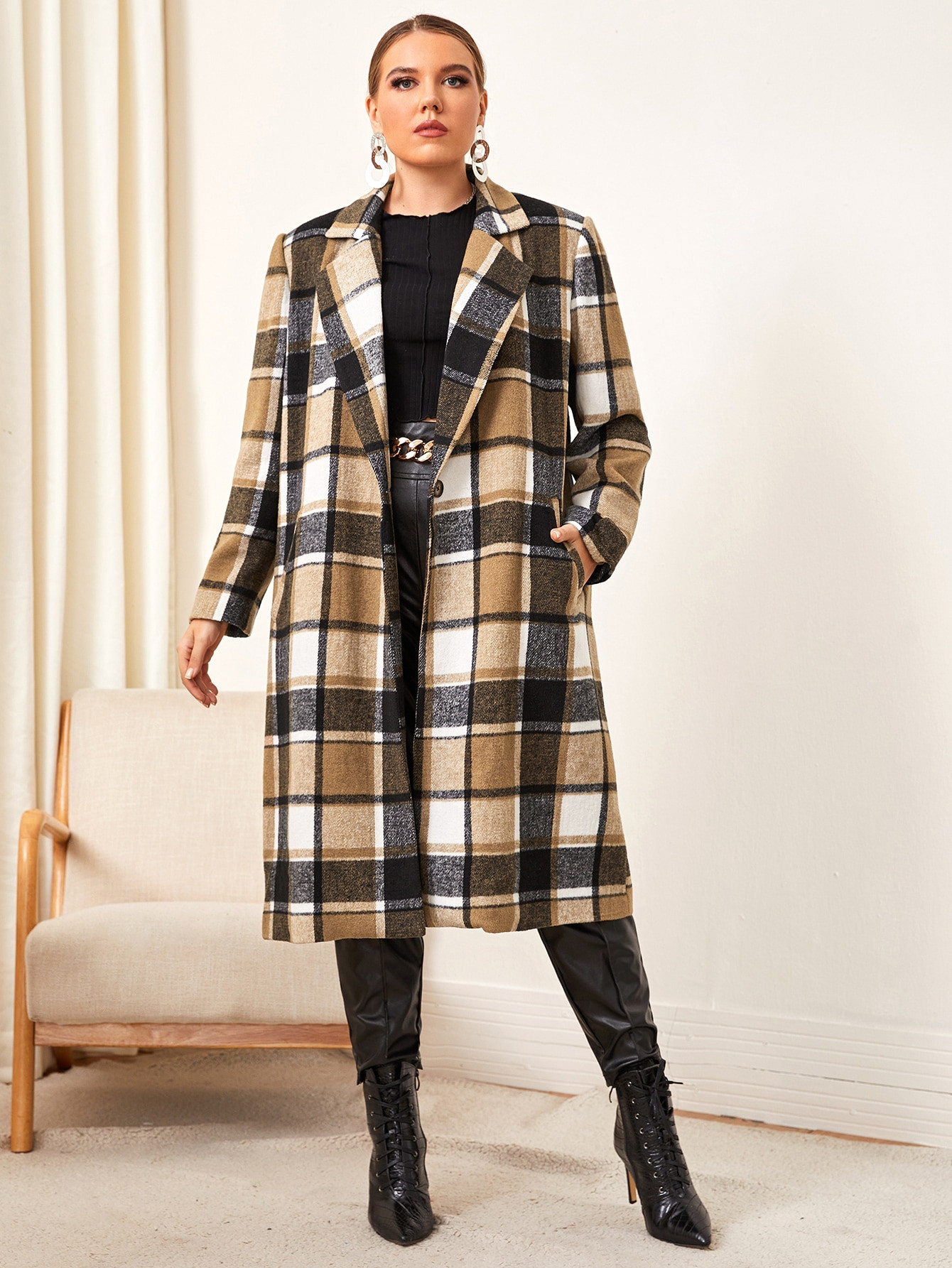 SHEIN Plus Single Breasted Plaid Overcoat | SHEIN