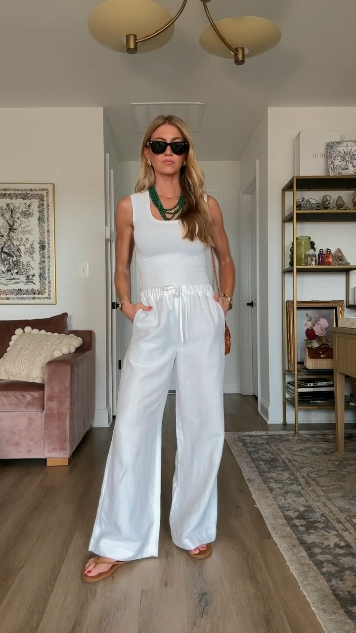 White tank + white linen pants! 
Tank: runs TTS, wearing size small 
Linen pants: run TTS, wearing size small

#LTKootd #LTKgrwm #LTKSeasonal