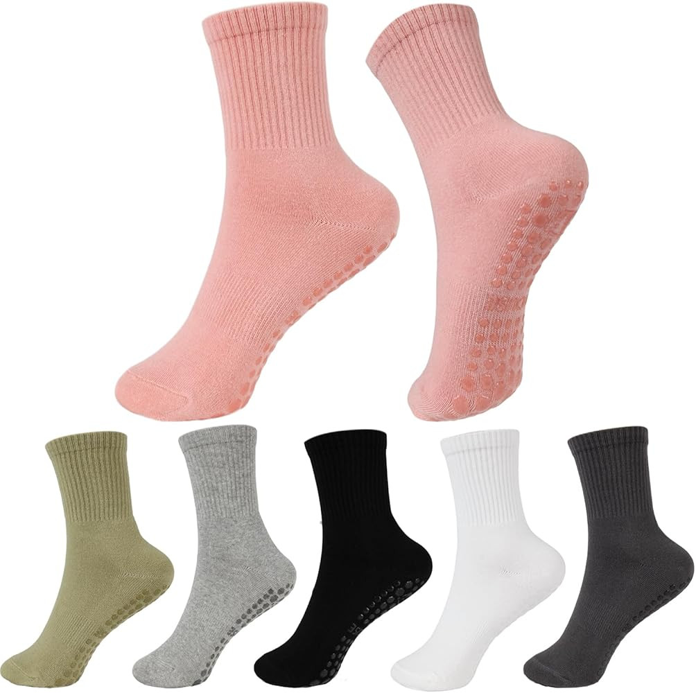 6 Pairs Pilates Socks for Women with Non Slip Grippers, Yoga Crew Socks for Barre Hospital Sticky... | Amazon (US)