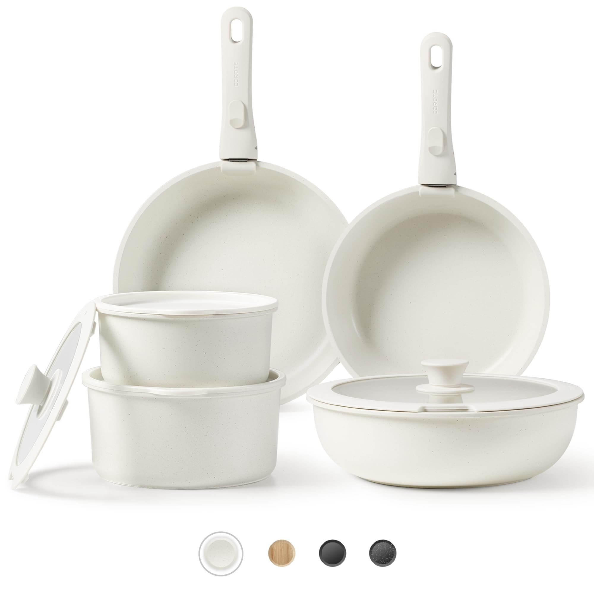 CAROTE Pots and Pans Set Non Stick, Cookware Sets, 11pcs Kitchen Set, Oven/Fridge Safe, Space Saving Pots Set, Nonstick Set with Versatile Removable/Detachable Handle, Induction RV Set, Cream White | Amazon (US)