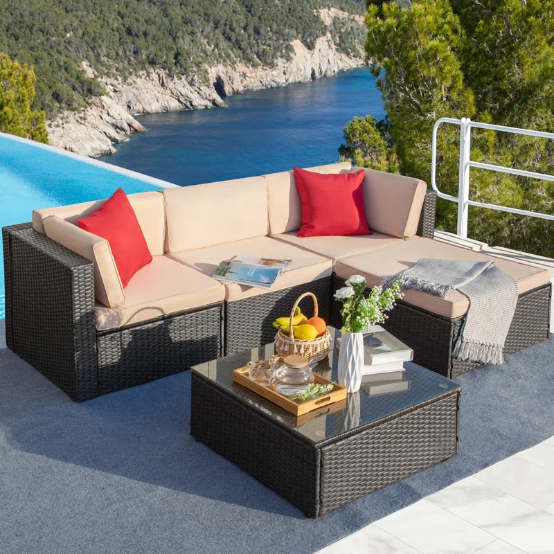 Agaran 5 Piece Rattan Sectional Seating Group with Cushions | Wayfair Professional