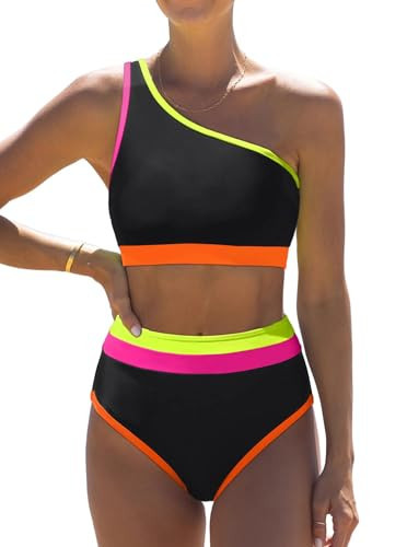 popvil Women's One Shoulder Swimsuit : Neon 2 Piece High Waisted Bikini Sets Cute 2026 Color Block Two Piece Bathing Suit Ladies Beach Summer Black | Amazon (US)