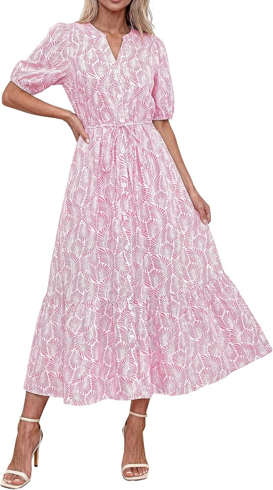 Okiwam Summer Dresses for Women 2026 Casual V Neck Short Sleeve Boho Floral Midi Dress Button Dow... | Amazon (US)
