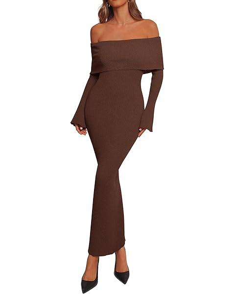 MEROKEETY Women's Fall Off Shoulder Bodycon Sweater Dress 2025 Formal Long Sleeve Elegant Club Pa... | Amazon (US)