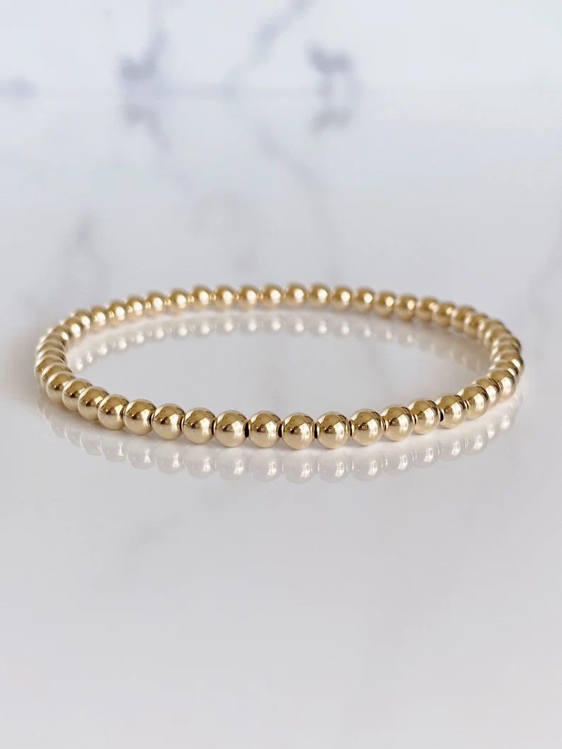 14k Gold Filled 4mm Beaded Bracelet Custom Letter Stamped Tag | Etsy | Etsy (US)