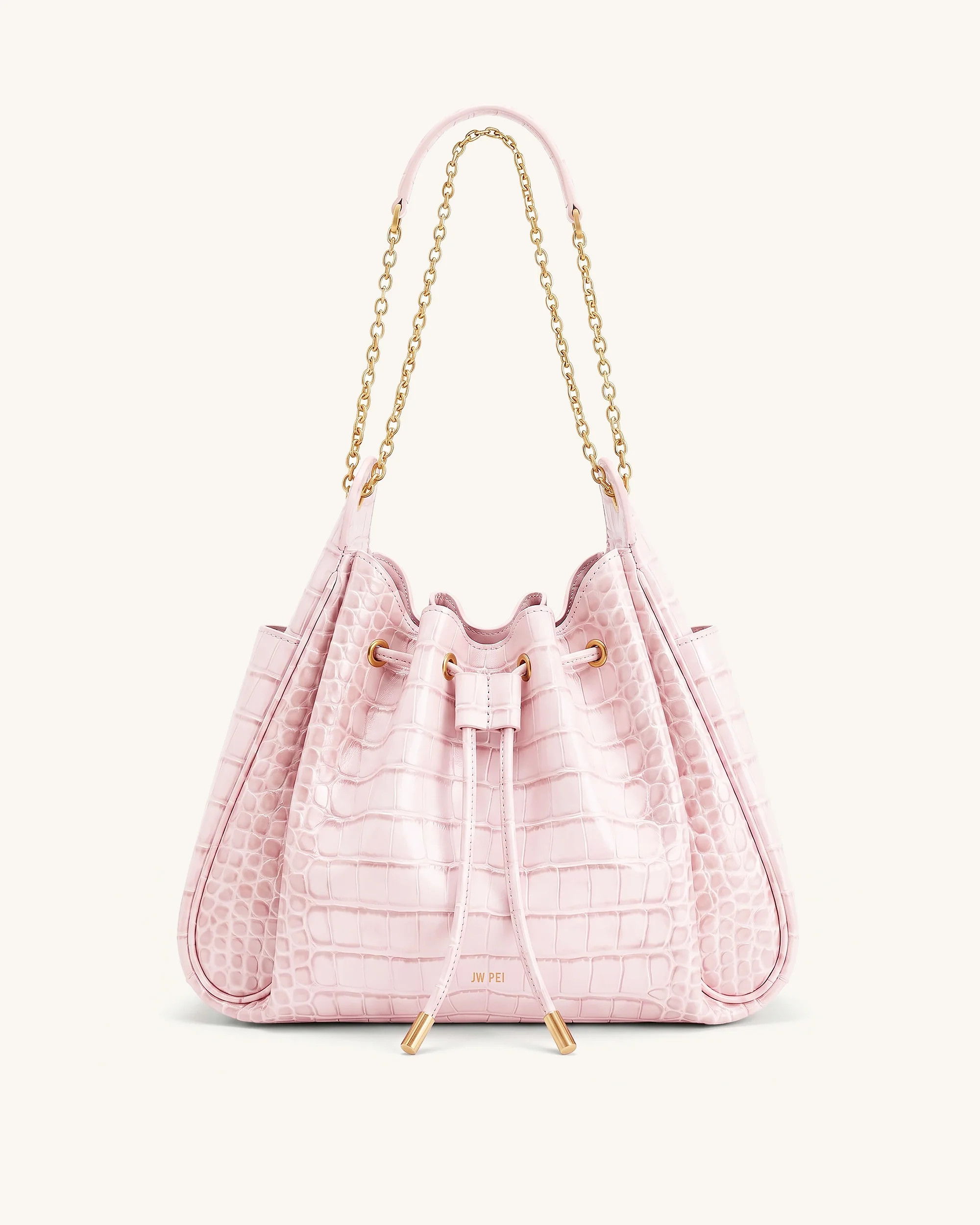 Rowan Ruched Drawstring Chain Bucket Bag - Pink Croc | JW PEI US