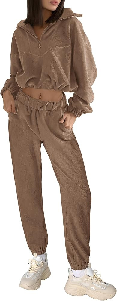 PRETTYGARDEN Womens Fall 2 Piece Outfits Fleece Sweatsuits Set Half Zip Cropped Sweatshirt Pullov... | Amazon (US)