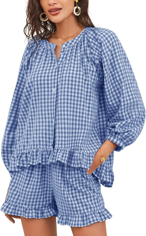 Flygo Women Gingham 2 Piece Pajama Sets Y2K Plaid Ruffle Short Sets Raglan Sleeve Shirt Lounge Sh... | Amazon (US)