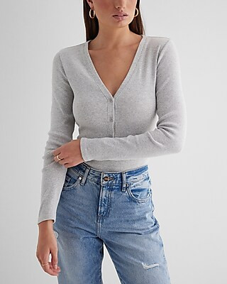 Ribbed Fitted V-Neck Henley Bodysuit | Express