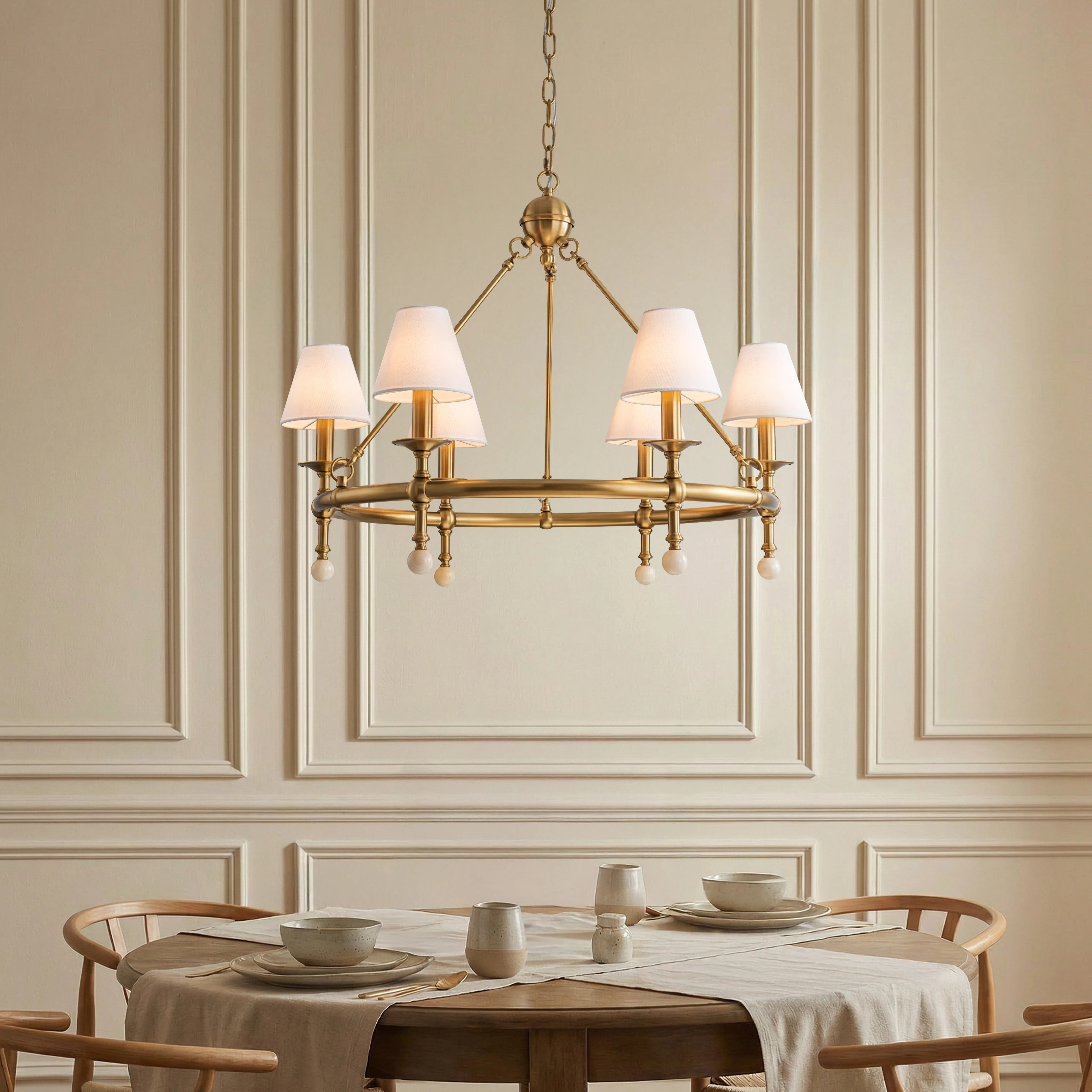 34'' Vintage Brass 6-Light Statement Chandelier Unique Classic Pendant Lighting With White Fabric... | Wayfair North America