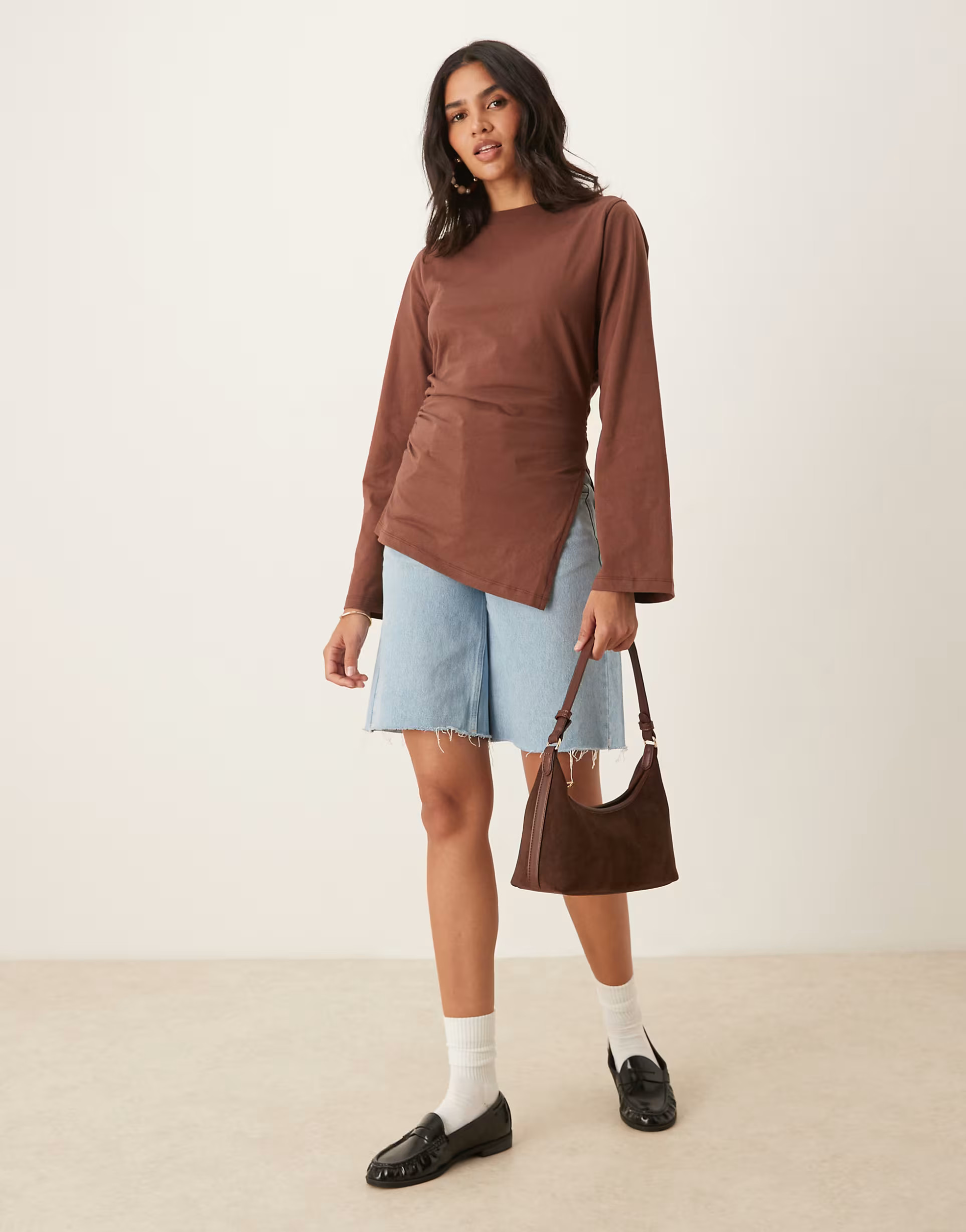 ASOS DESIGN asymmetric hem long sleeve ruched side top in brown | ASOS | ASOS (Global)